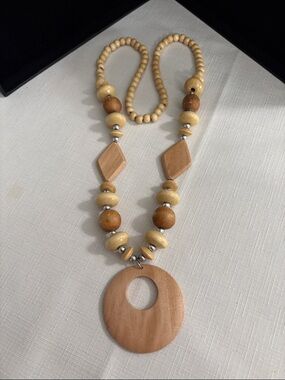 Wooden Bead Statement Necklace - Natural Beige